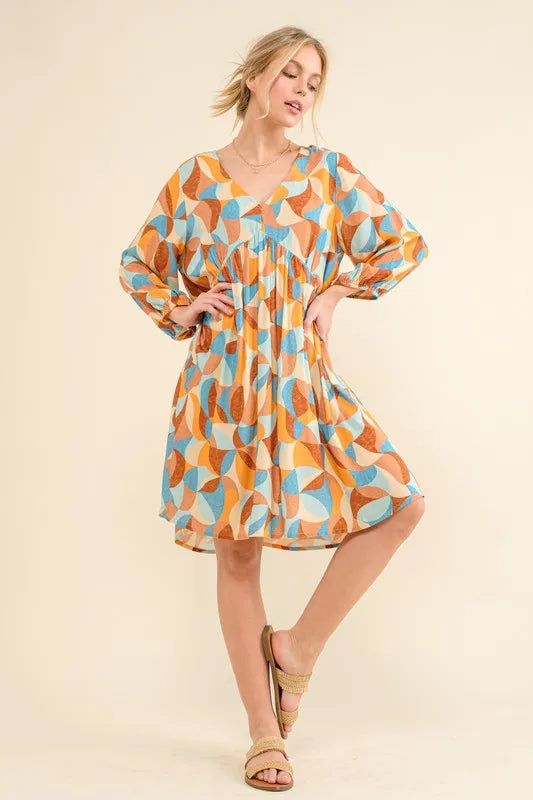 And The Why Printed Open Back Puff Sleeve Casual Dress Vibrant Flirty - NeoKira Unlimited