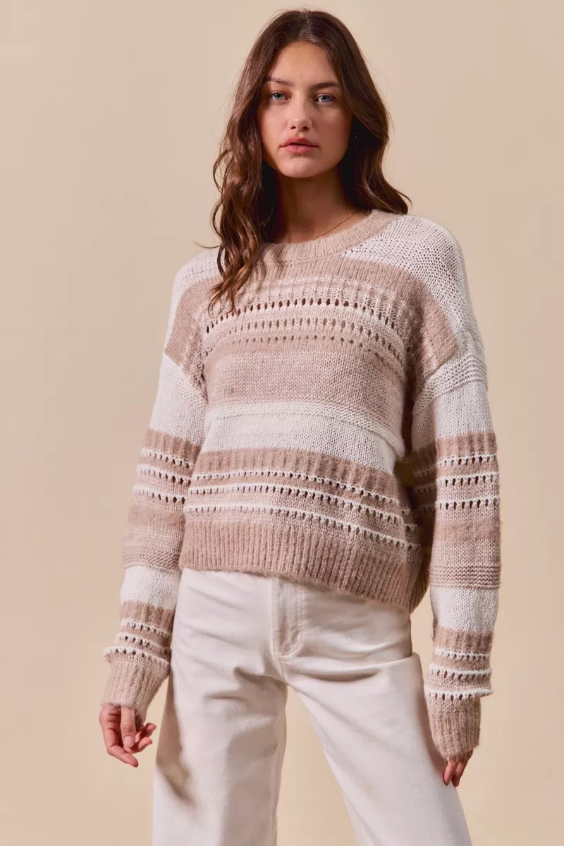 SO ME Variegated Stripe Textured Sweater Boho Cozy Style - NeoKira Unlimited