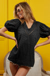 BiBi Ruffled V-Neck Eyelet Puff Sleeve Blouse Blouse Trendsi Black S 