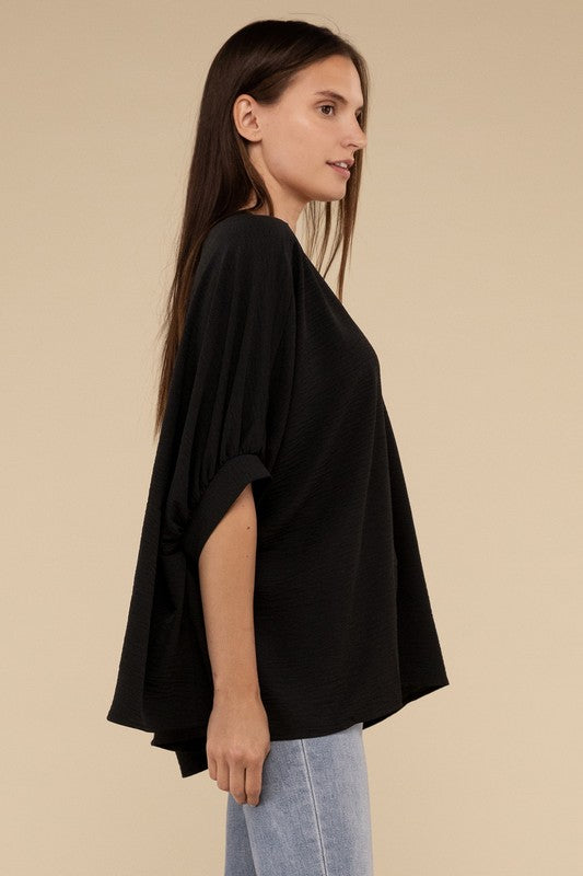 Woven Airflow V-Neck Puff Half Sleeve Top Top ZENANA   