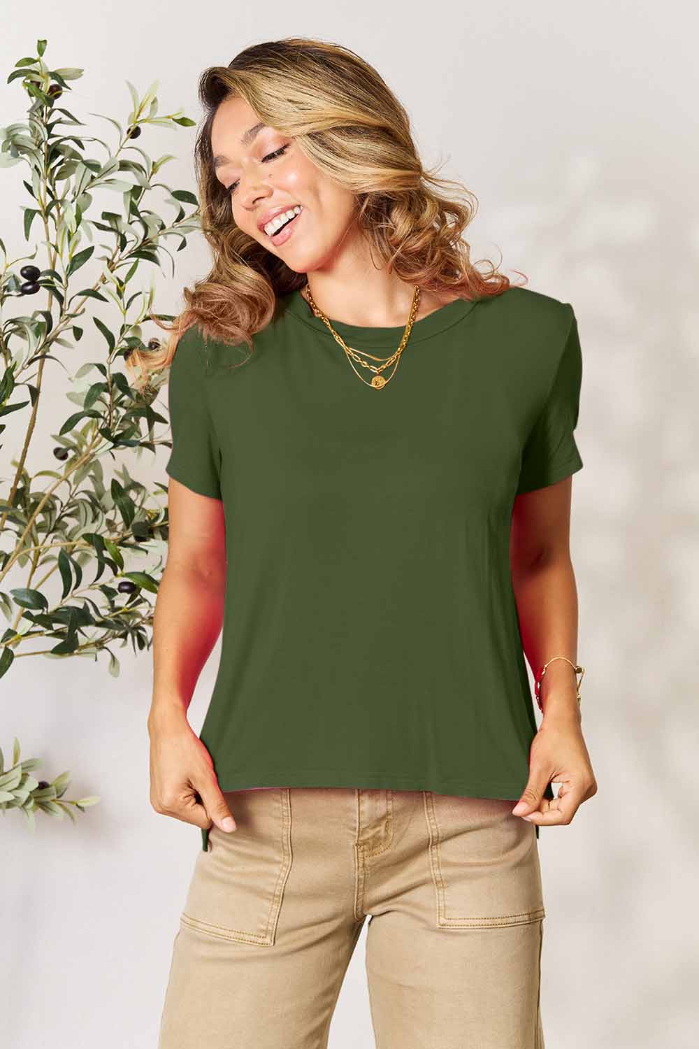 Basic Bae Full Size Round Neck Short Sleeve T-Shirt T-Shirt Trendsi Matcha Green S 