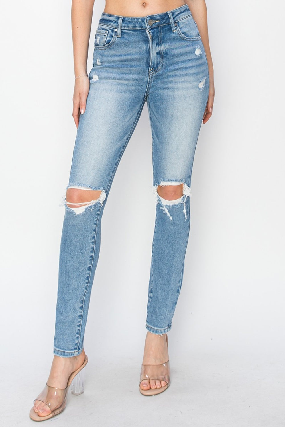 Risen Full Size High Rise Knee Distressed Skinny Jeans Jeans Trendsi   