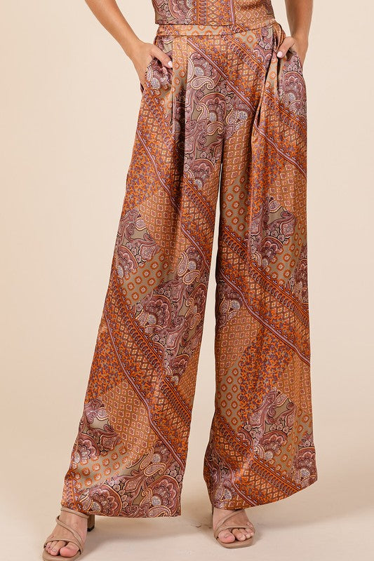 Mittoshop Paisley Patchwork Print Satin Wide Leg Pants - NeoKira Unlimited
