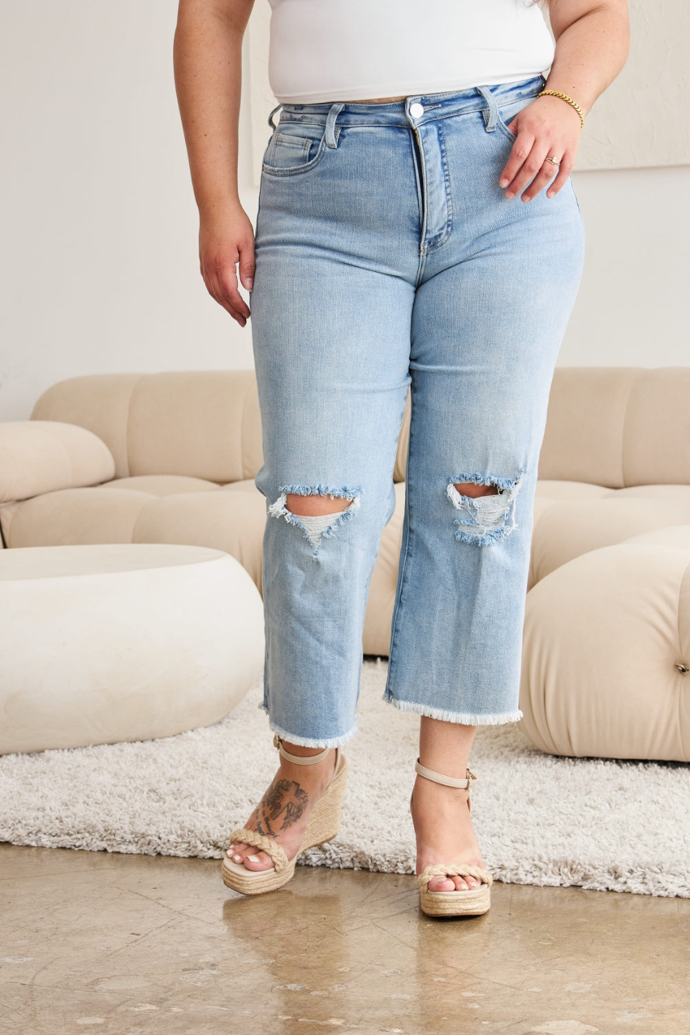 RFM Full Size Tummy Control High Waist Raw Hem Distressed Jeans - NeoKira Unlimited