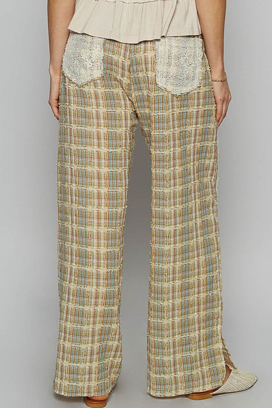 POL Lace Trim Drawstring Checkered Wide Leg Pants - NeoKira Unlimited