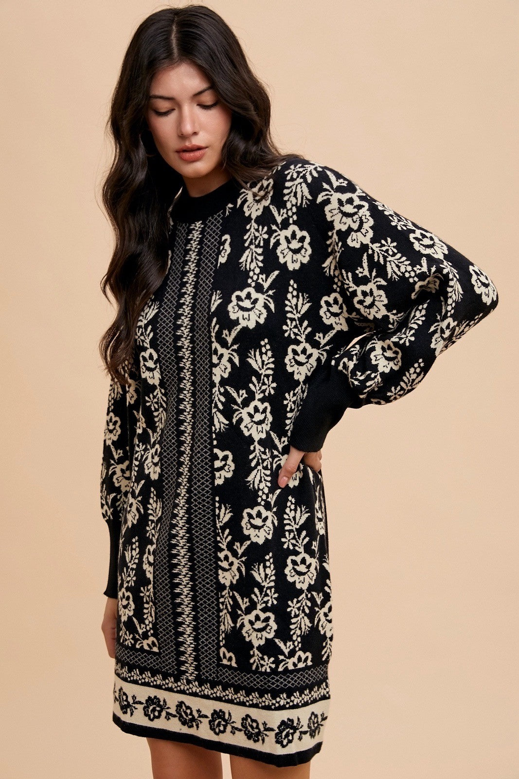 Annie Wear Floral Jacquard Round Neck Sweater Dress - NeoKira Unlimited