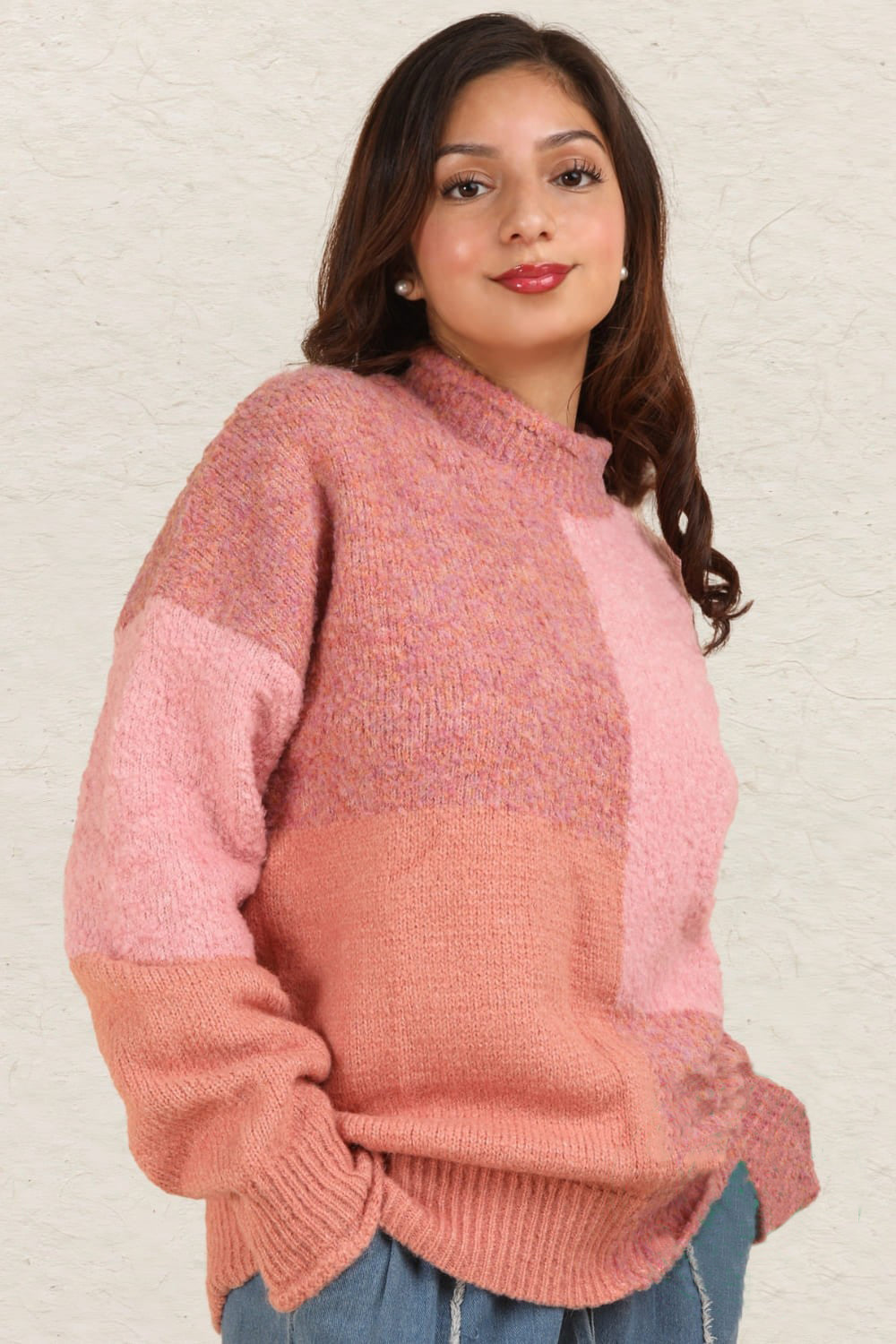 VERY J Color Block Mock Neck Drop Shoulder Sweater - NeoKira Unlimited