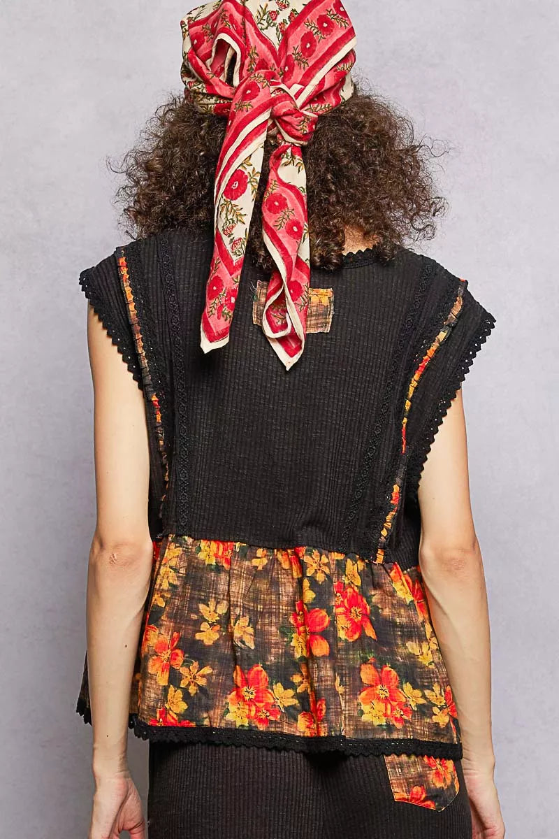 POL Lace Detail Floral Cropped Ruffled Top Boho Chic - NeoKira Unlimited