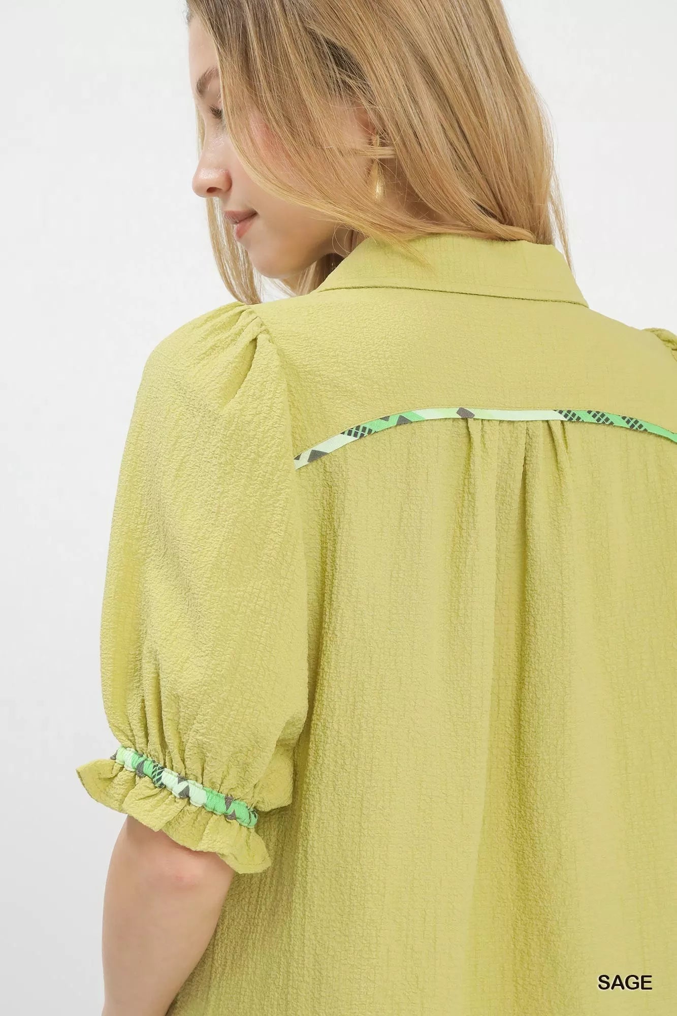 Umgee Scalloped Trim Blouse with Puff Sleeves Boho Chic - NeoKira Unlimited