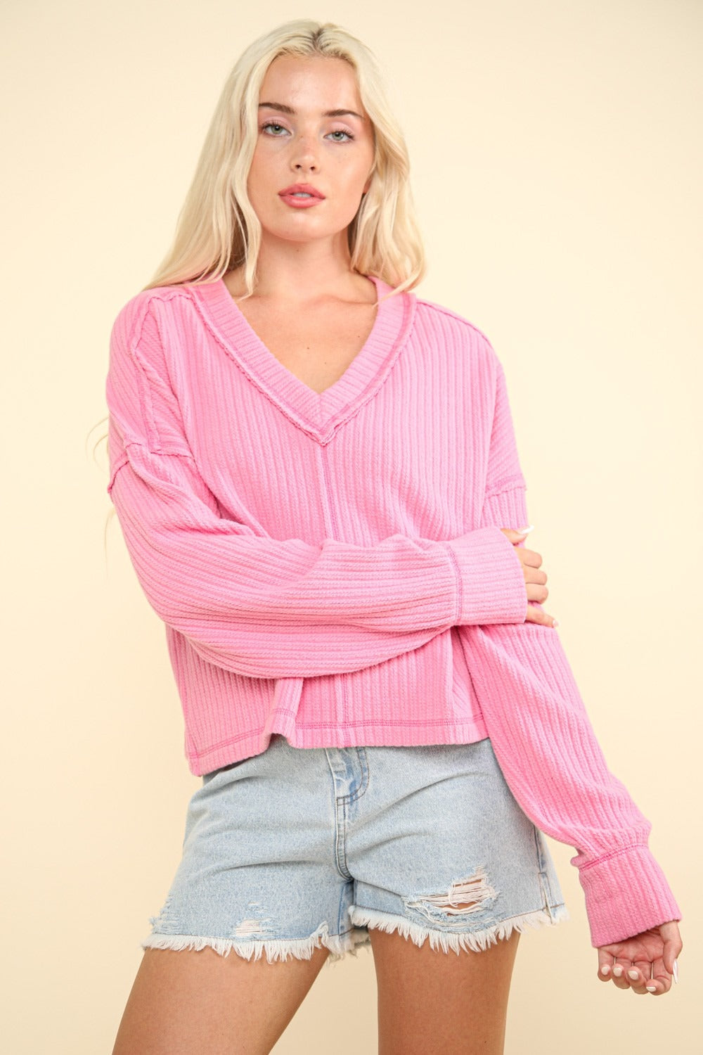 VERY J Exposed Seam V-Neck Ribbed Knit Top - NeoKira Unlimited