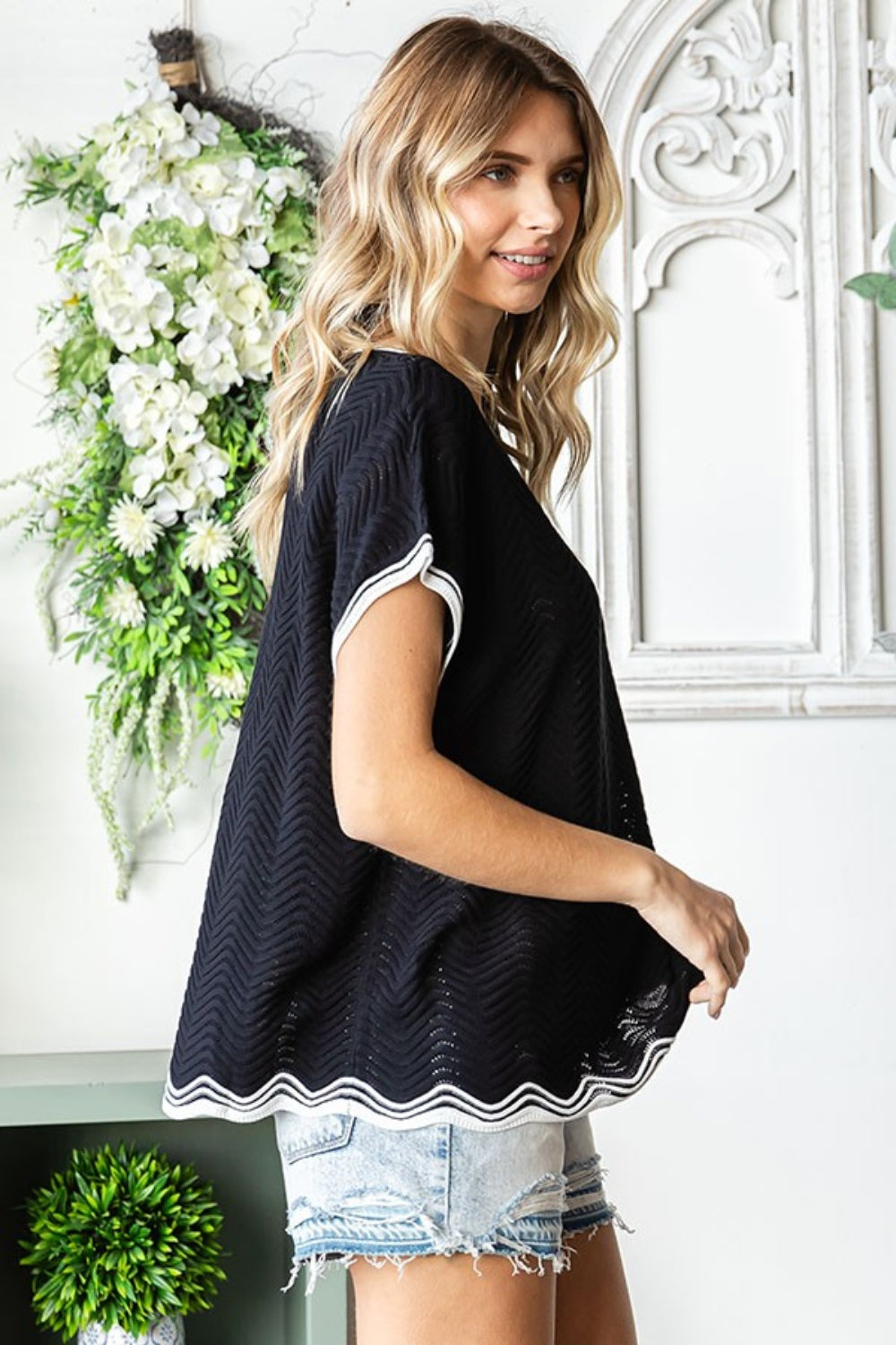 First Love Full Size Contrast Wavy Crochet Drop Shoulder Knit Top - NeoKira Unlimited