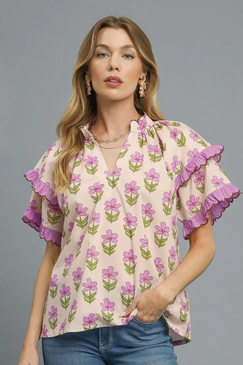 Umgee Floral Print Ruffle Short Sleeve Blouse - NeoKira Unlimited