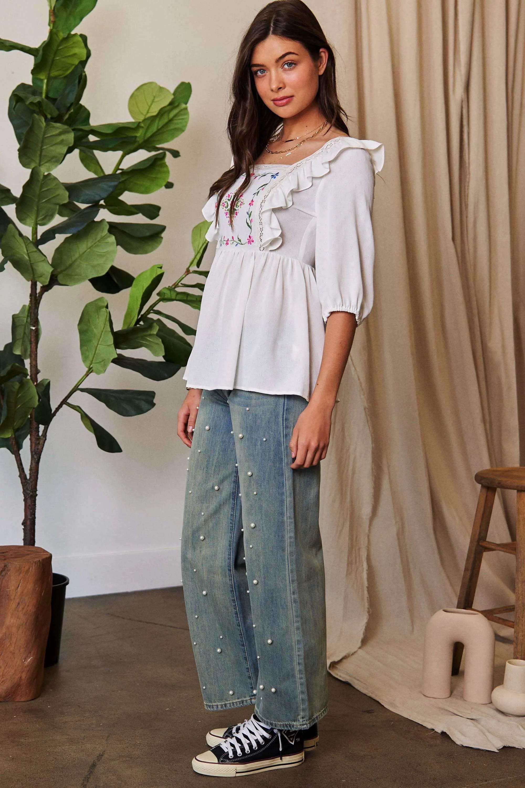 Davi & Dani Texture Tie Back Floral Embroidery Frill Romantic Blouse - NeoKira Unlimited