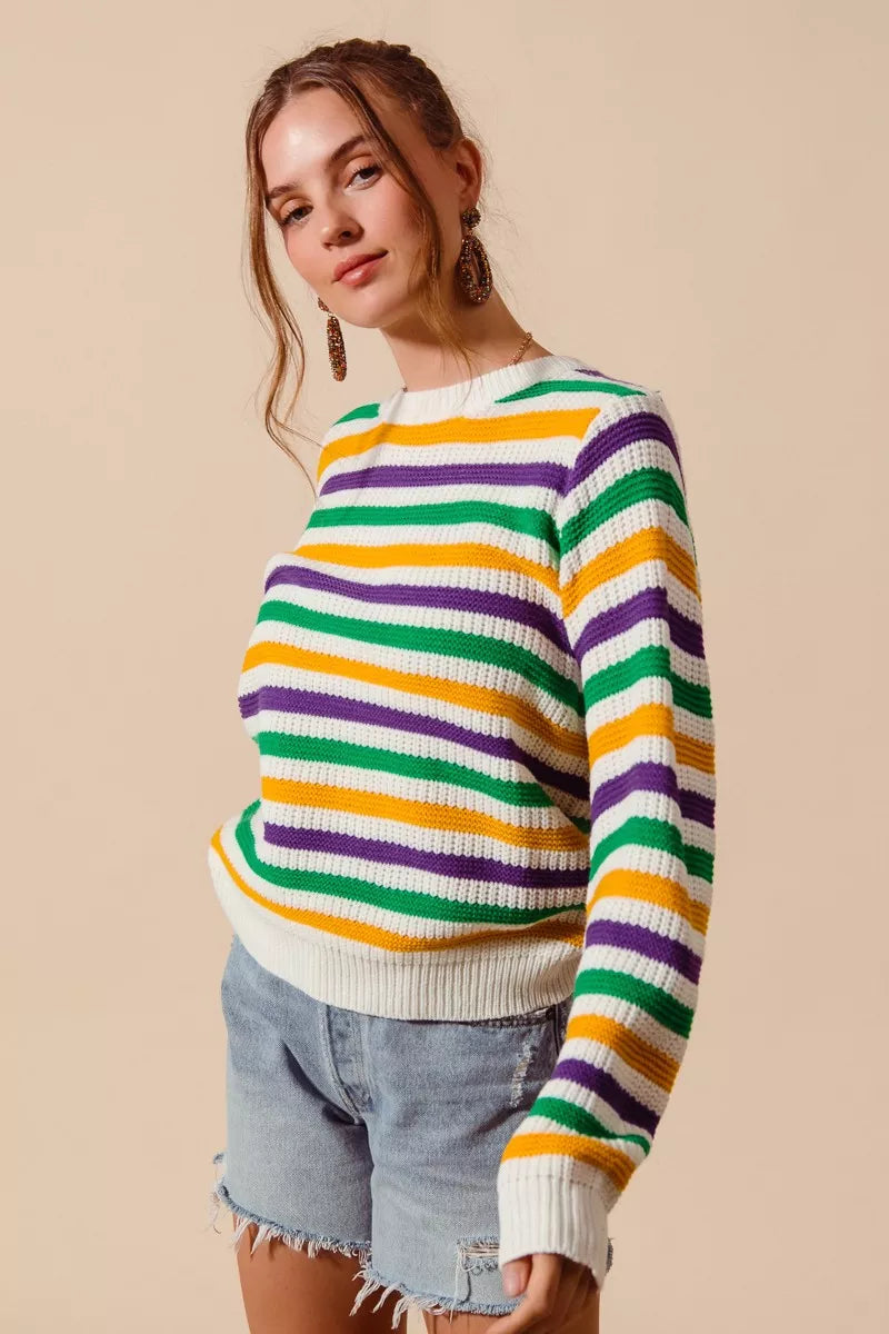 SO ME Mardi Gras Color Stripe Knit Sweater Top - NeoKira Unlimited