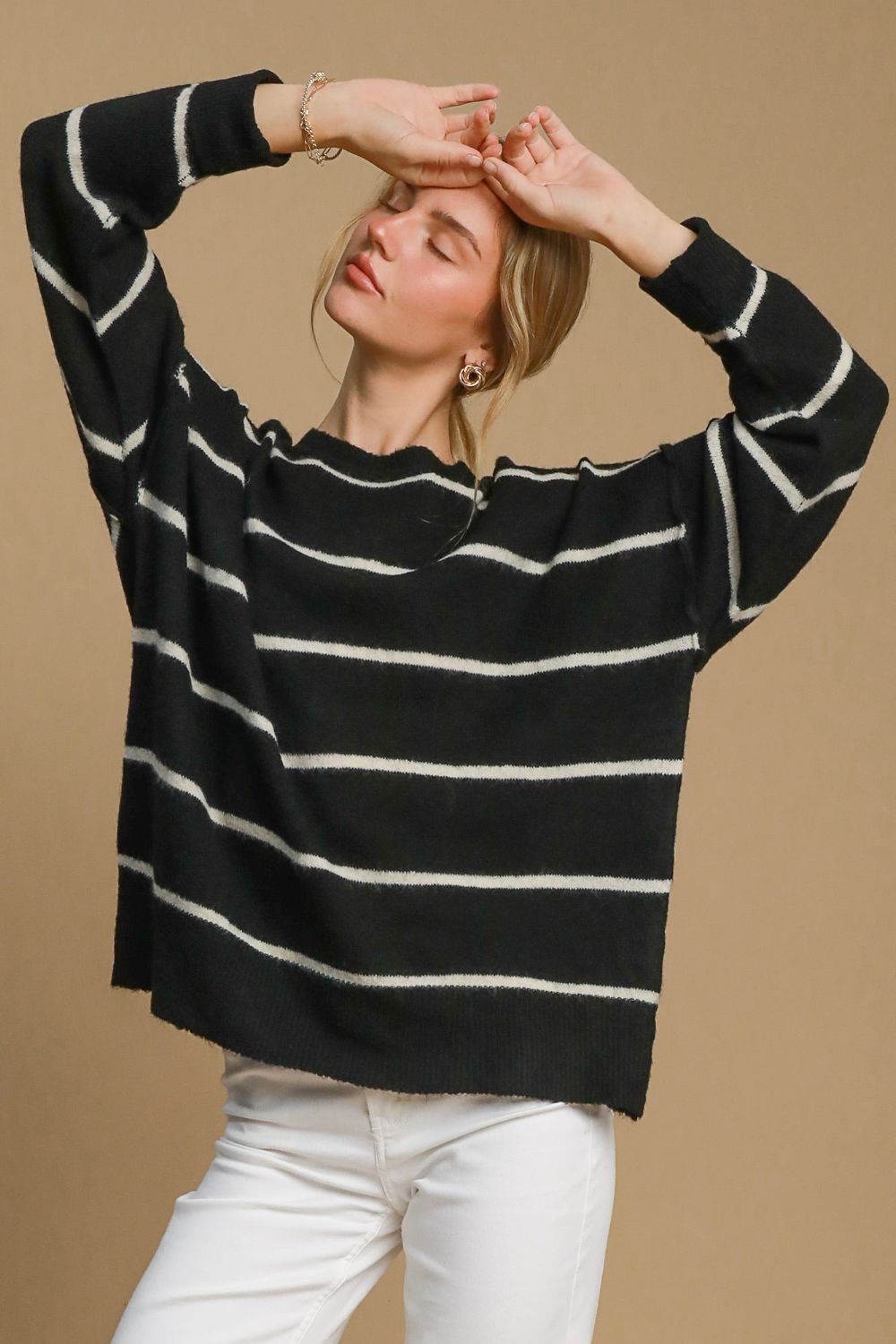 Umgee Wool Blend Striped Round Neck Sweater - NeoKira Unlimited