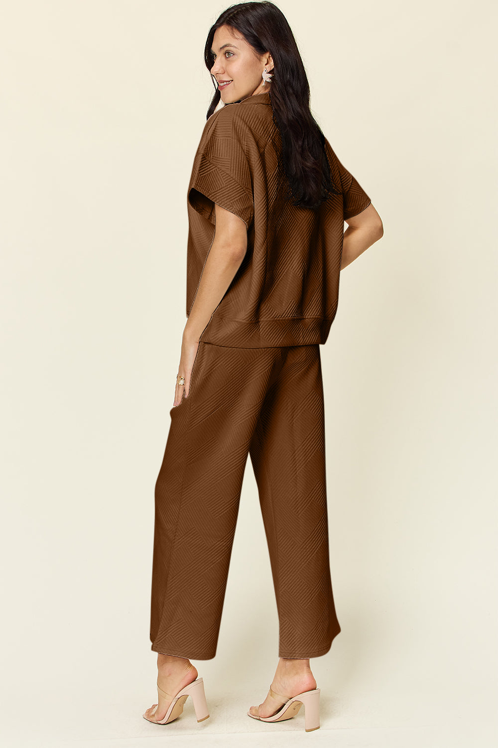 Double Take Full Size Texture Half Zip Short Sleeve Top and Pants Set - NeoKira Unlimited