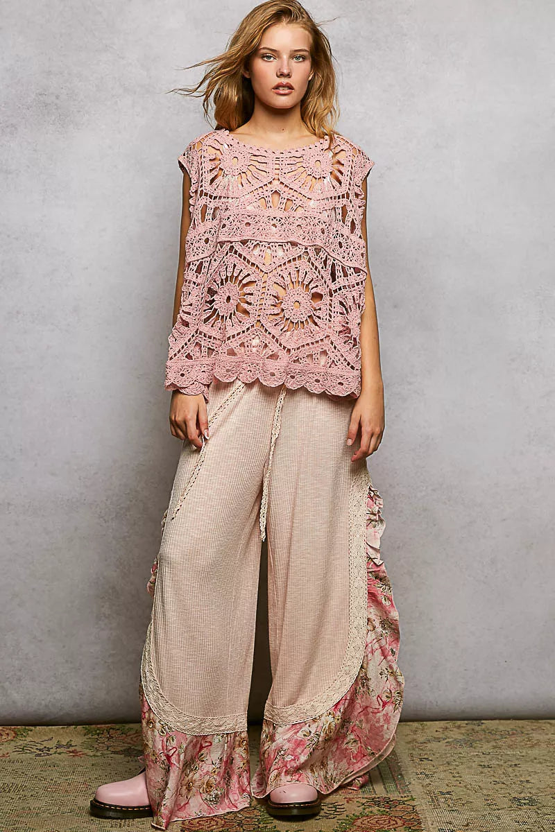 POL Openwork Floral Crochet Round Neck Tank Boho Chic - NeoKira Unlimited