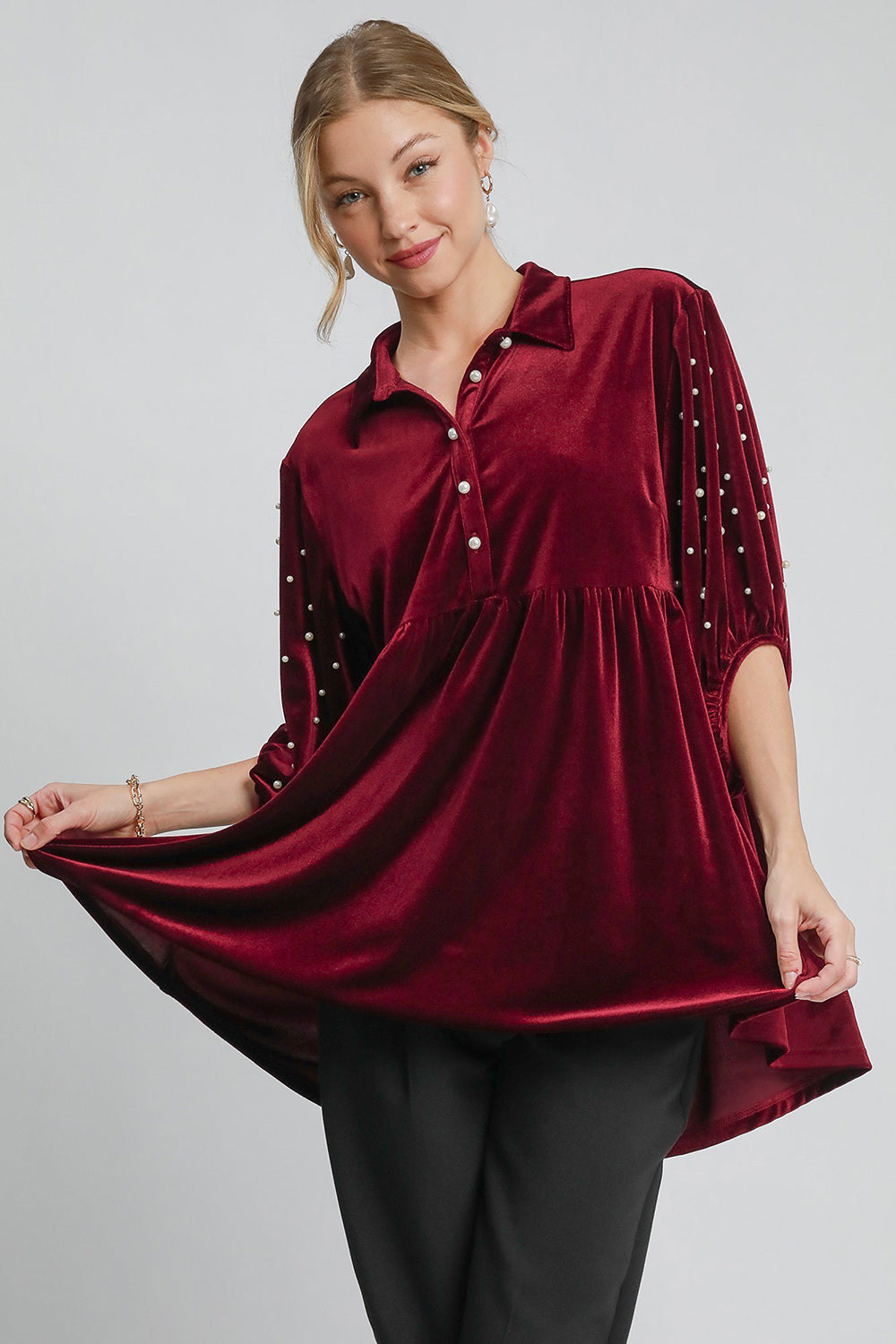 Umgee Pearl Detail Collared Neck Velvet Babydoll Blouse - NeoKira Unlimited