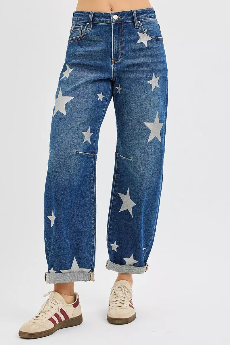 RISEN Mid Rise Ankle Length Relaxed Barrel Star Printed Jeans - NeoKira Unlimited
