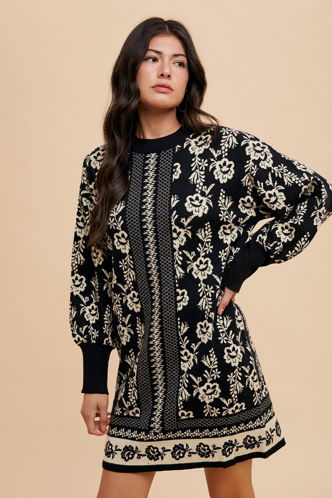 Annie Wear Floral Jacquard Round Neck Sweater Dress - NeoKira Unlimited