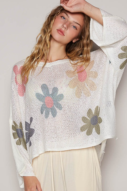 POL Flower Dropped Shoulder Long Sleeve Knit Top - NeoKira Unlimited