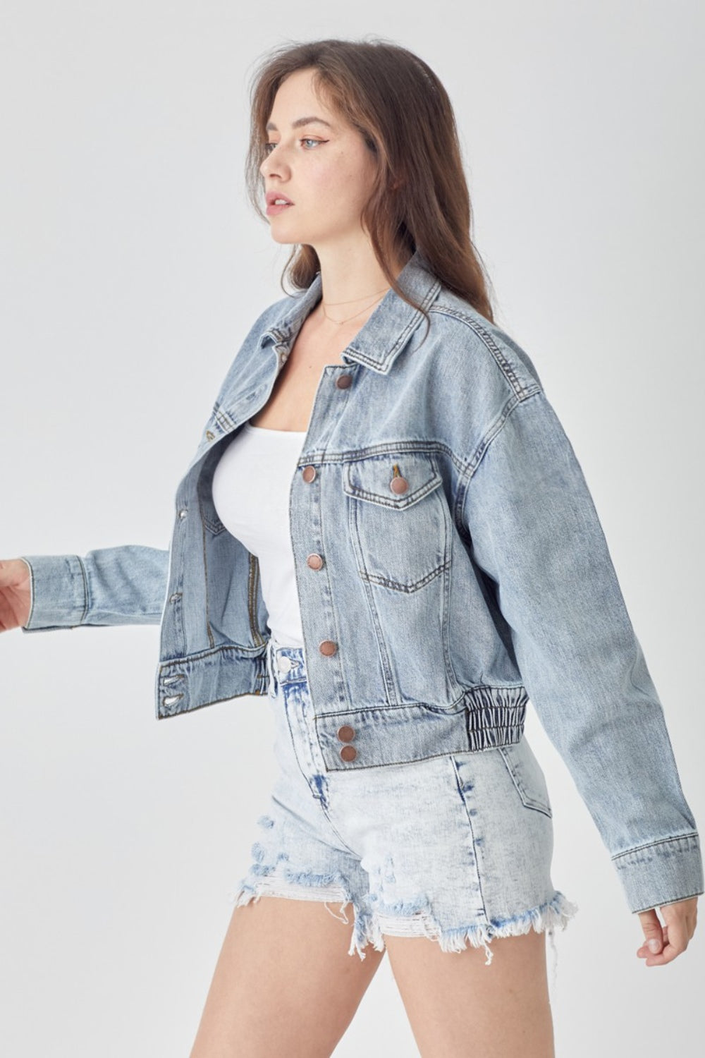 RISEN Full Size Button Down Cropped Denim Jacket Jacket Trendsi   