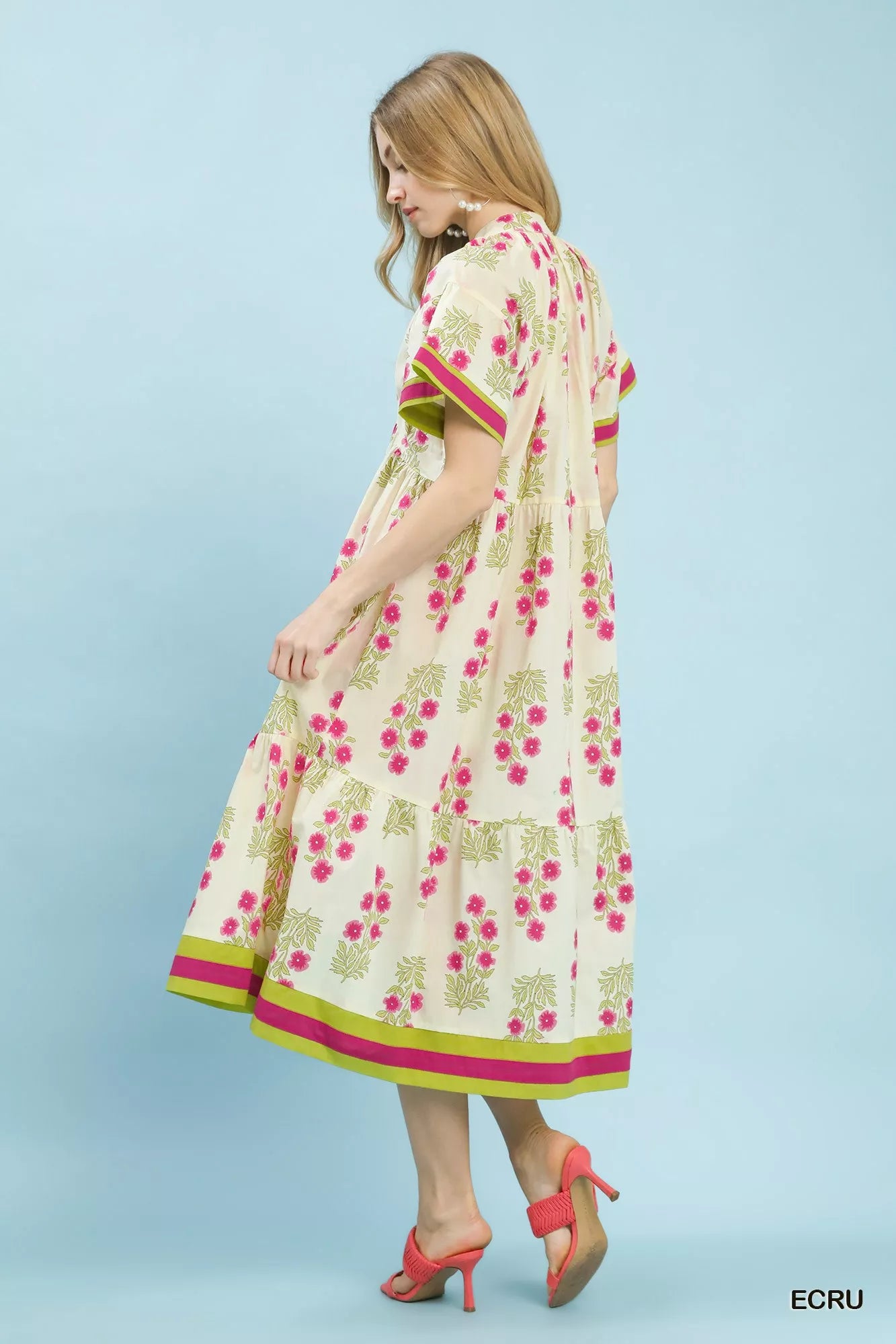 Umgee Floral Border Tiered Midi Dress Boho Chic - NeoKira Unlimited