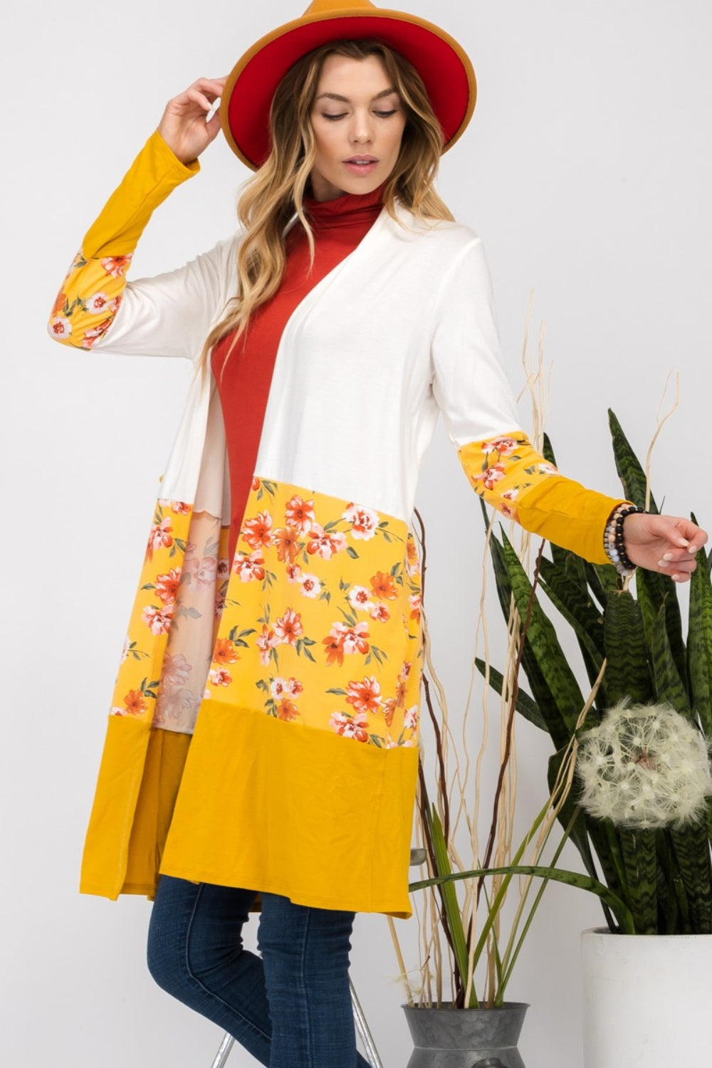 Celeste Full Size Floral Color Block Open Front Cardigan Cardigan Trendsi   