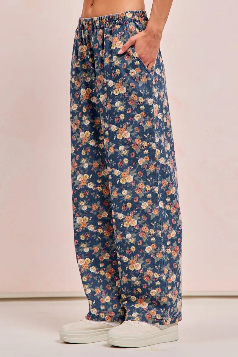 BiBi Washed Floral Print Wide Leg Jeans Vintage Boho Denim - NeoKira Unlimited