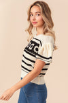 BiBi Granny Square Short Sleeve Striped Sweater Sweater Trendsi   