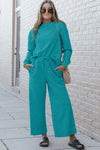 Double Take Full Size Textured Long Sleeve Top and Drawstring Pants Set Pants Set Trendsi Azure 3XL 