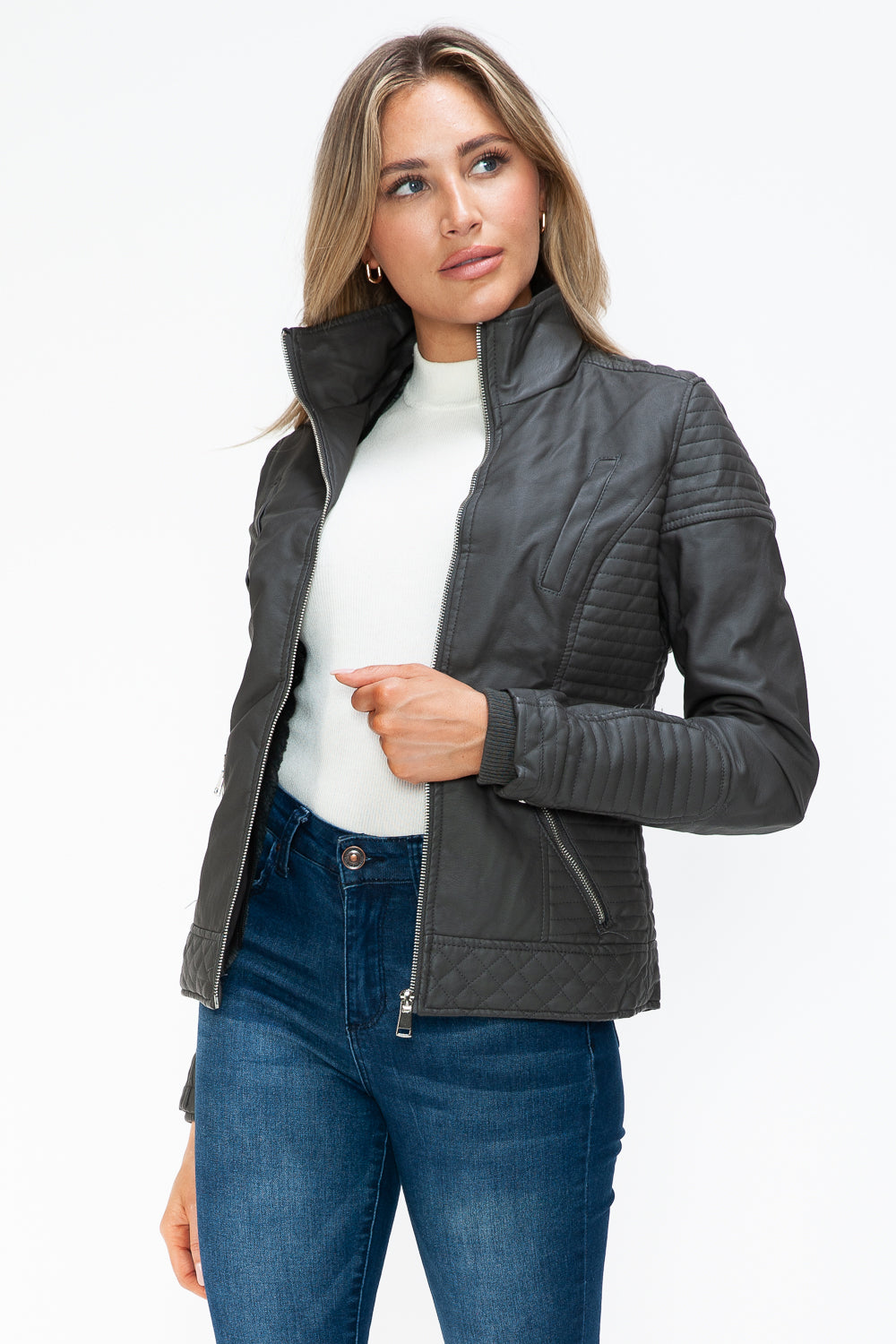 YMI Faux Layered Double-Zipper Jacket with Fuzzy Hood - NeoKira Unlimited