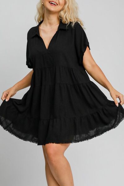 Umgee Full Size Raw Hem Folded Sleeve Tiered Dress Plus Size - NeoKira Unlimited