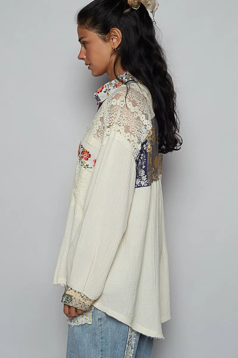 POL Lace Patchwork Floral Trim Long Sleeve Shirt - NeoKira Unlimited