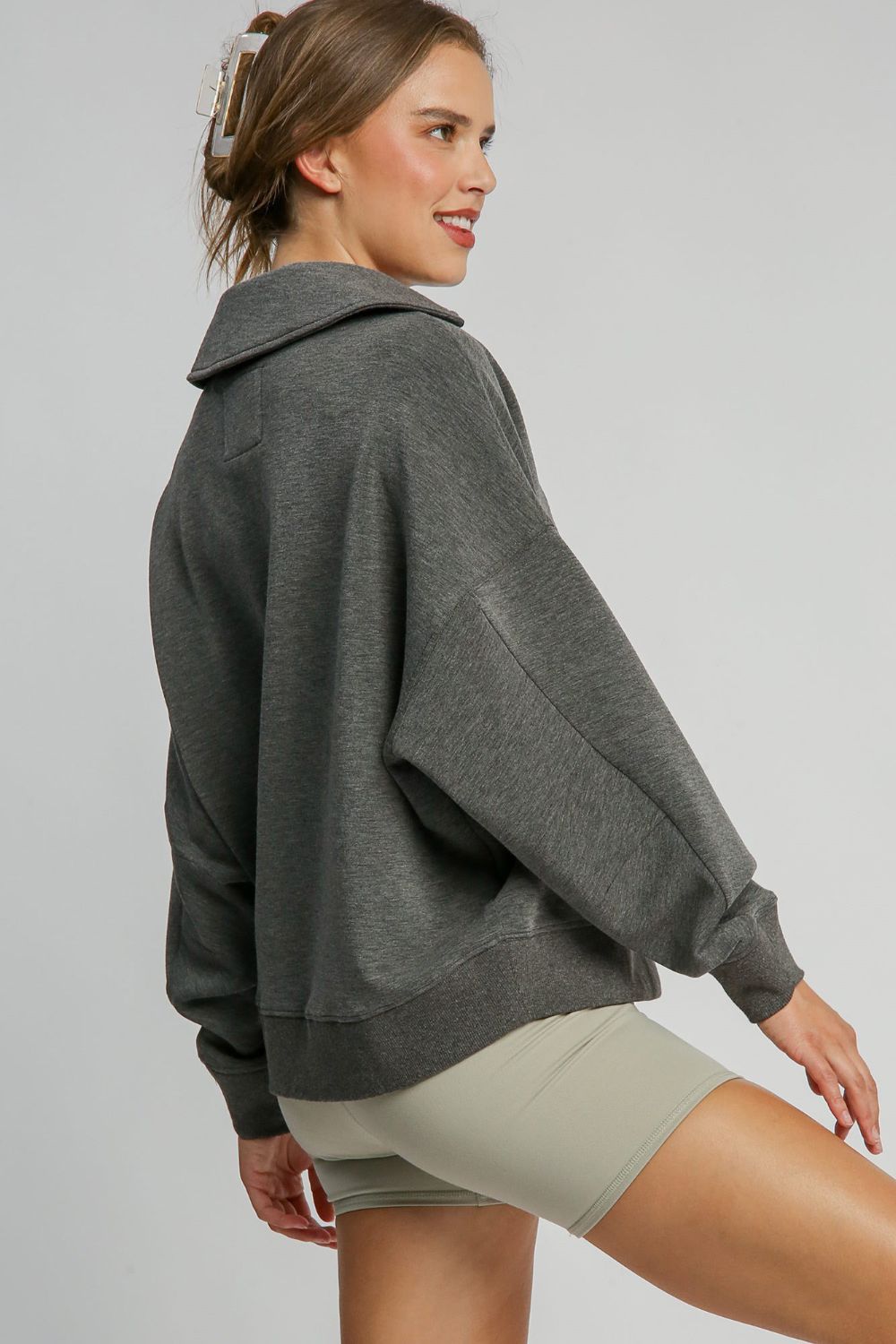 Umgee Johnny Collar Dropped Shoulder Sweatshirt - NeoKira Unlimited