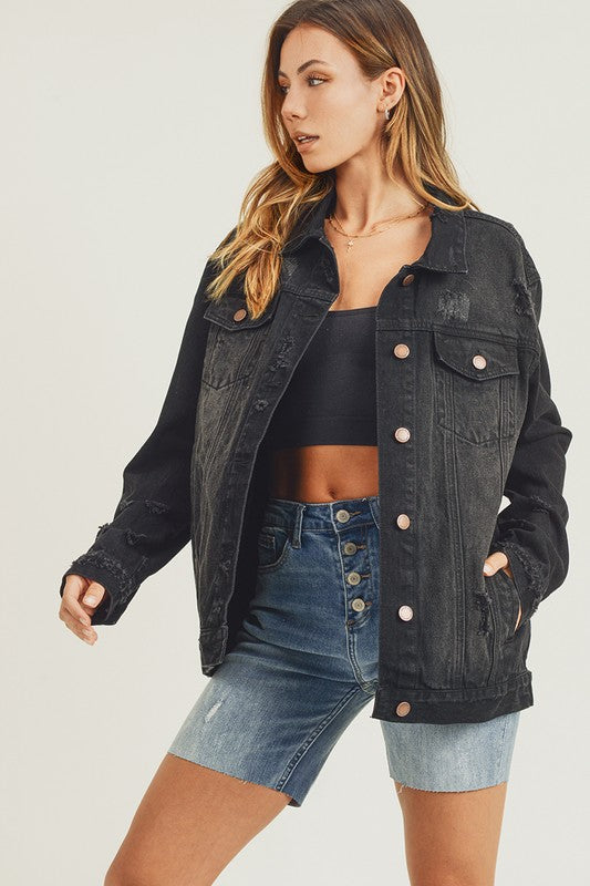 RISEN Full Size Distressed Long Sleeve Denim Jacket - NeoKira Unlimited