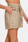 Zenana Washed Linen Frayed Hem Drawstring Shorts Drawstring Shorts Trendsi   