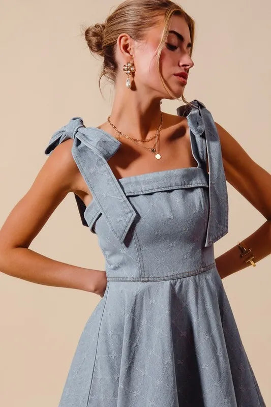 SO ME A Line Fit and Flare Diamond Bow Ribbon Denim Dres - NeoKira Unlimited