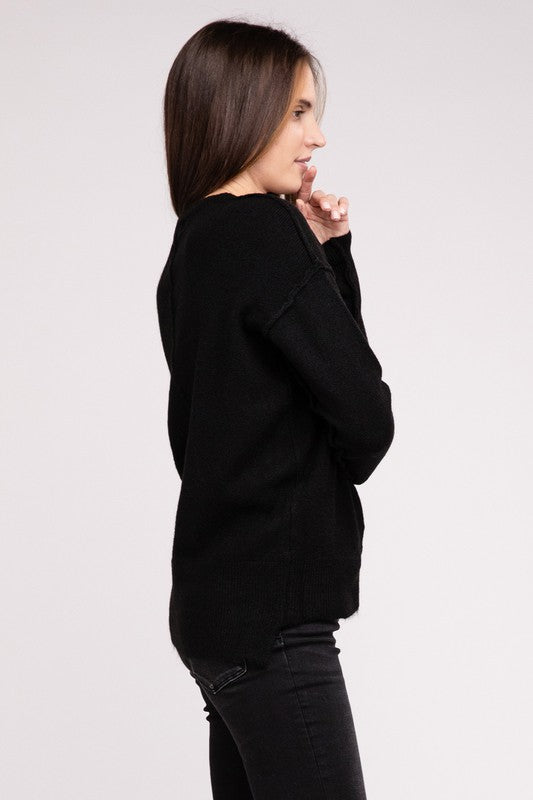 ZENANA Melange Hi-Low Hem Round Neck Sweater - NeoKira Unlimited
