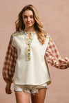 BiBi Floral Notched Plaid Balloon Sleeve Top - NeoKira Unlimited