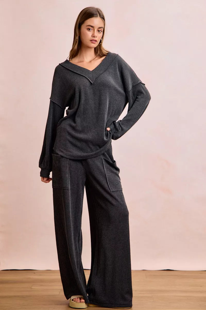 BiBi Two Tone Cord Rib Contrast Stitching V-Neck Top and Pants Set Boho Chic - NeoKira Unlimited
