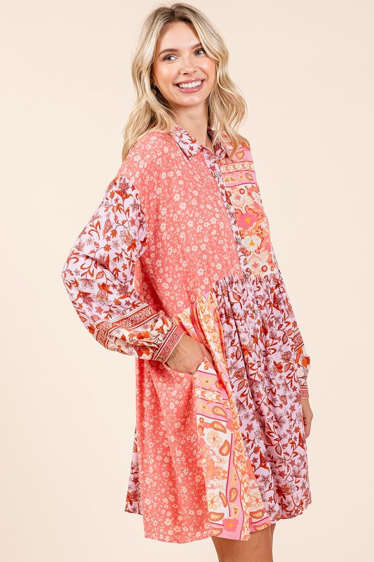 Mittoshop Floral Button Detail Long Sleeve Shirt Dress - NeoKira Unlimited