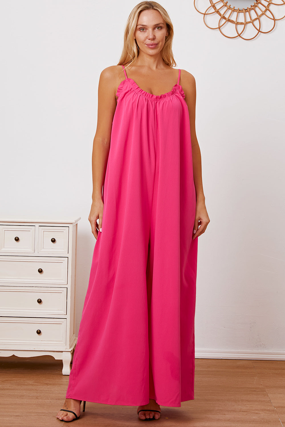 Double Take Full Size Ruffle Trim Tie Back Cami Jumpsuit with Pockets Jumpsuits Trendsi Cerise S 