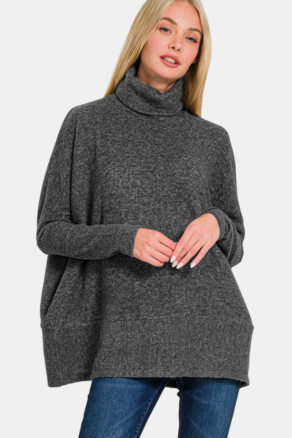Zenana Full Size Brushed Melange Hacci Turtleneck Sweater - NeoKira Unlimited