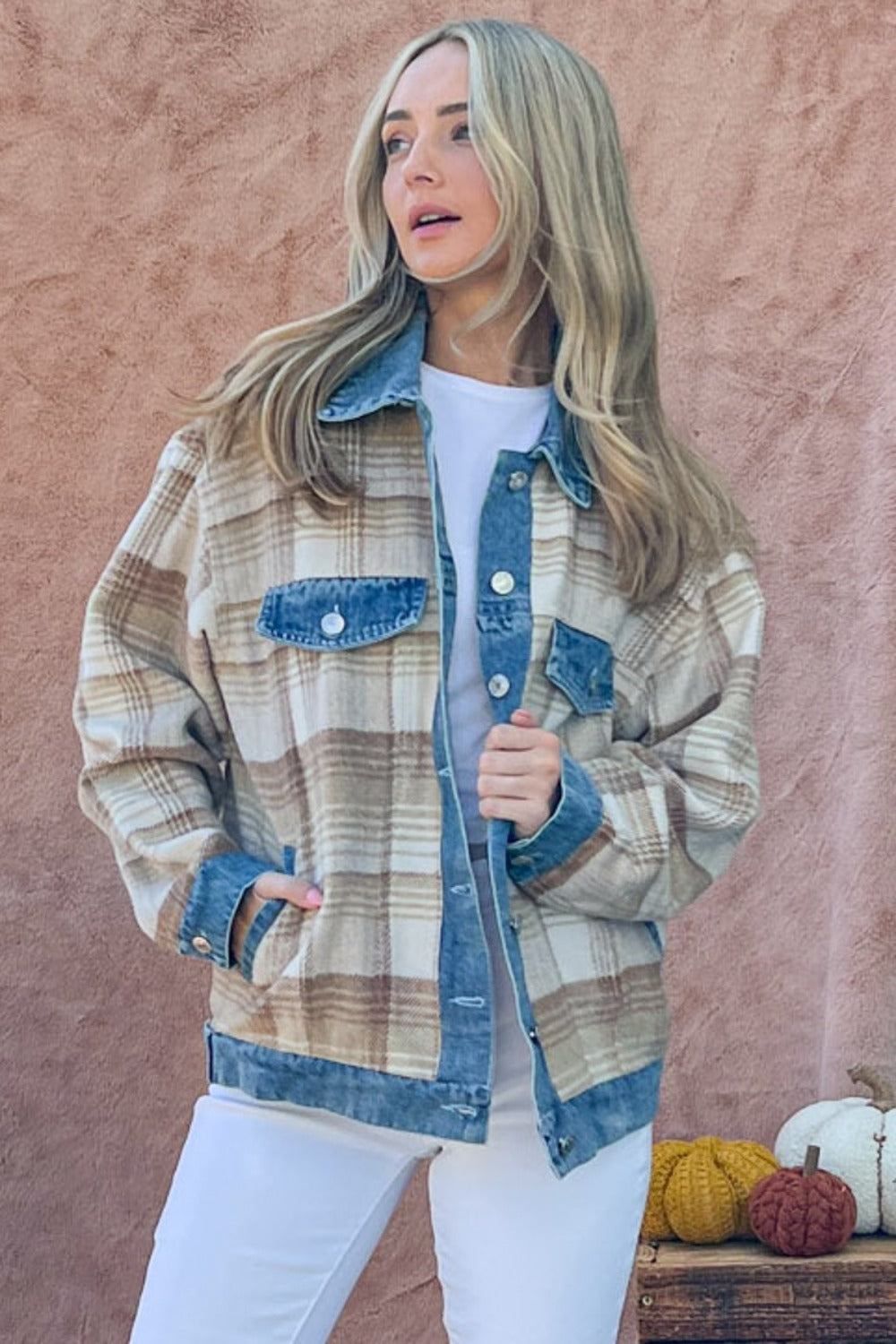 And The Why Full Size Washed Denim Detail Brushed Plaid Jacket - NeoKira Unlimited