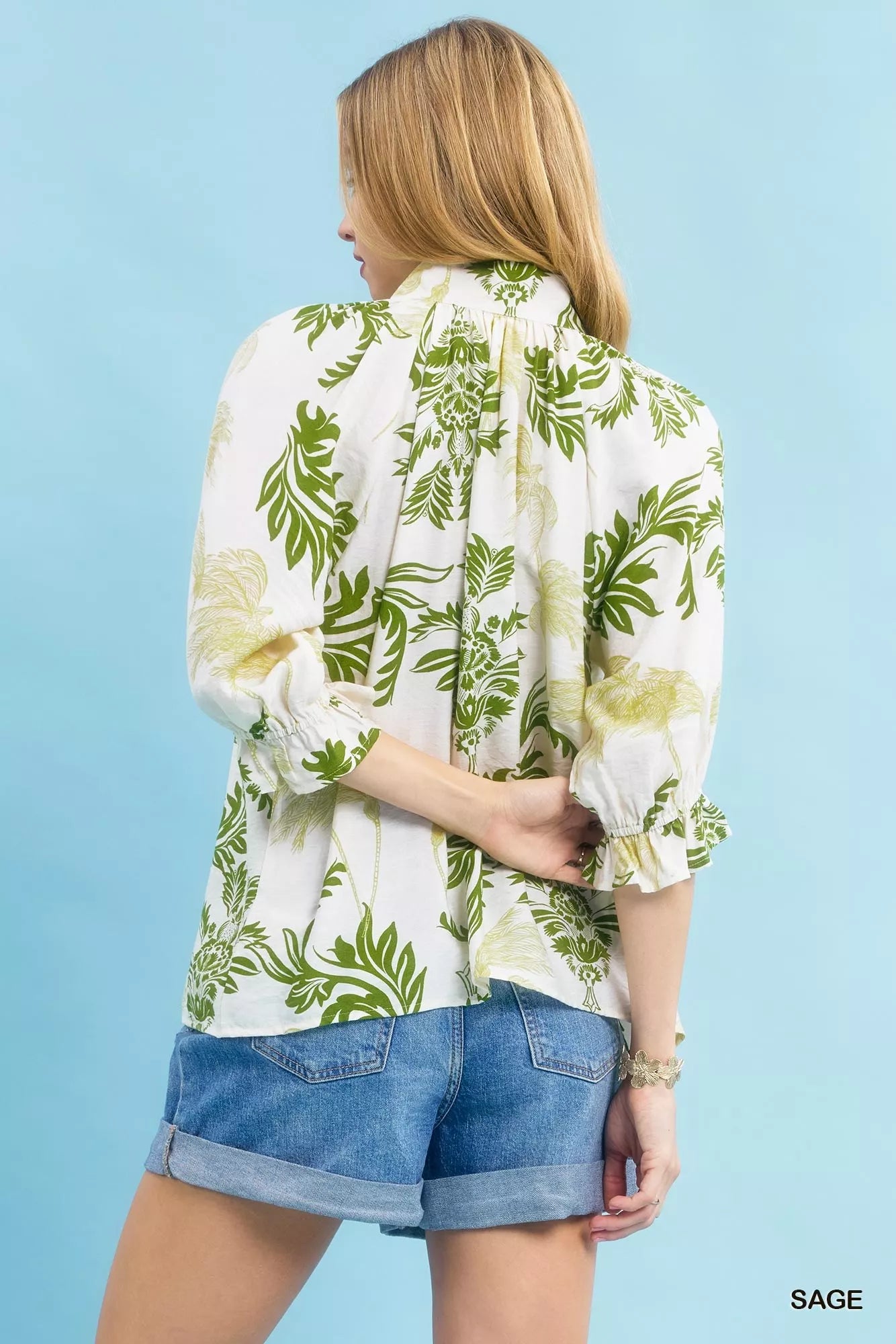 Umgee Leafy Damask Print Blouse with Contrast Scalloped Trim Boho Chic - NeoKira Unlimited