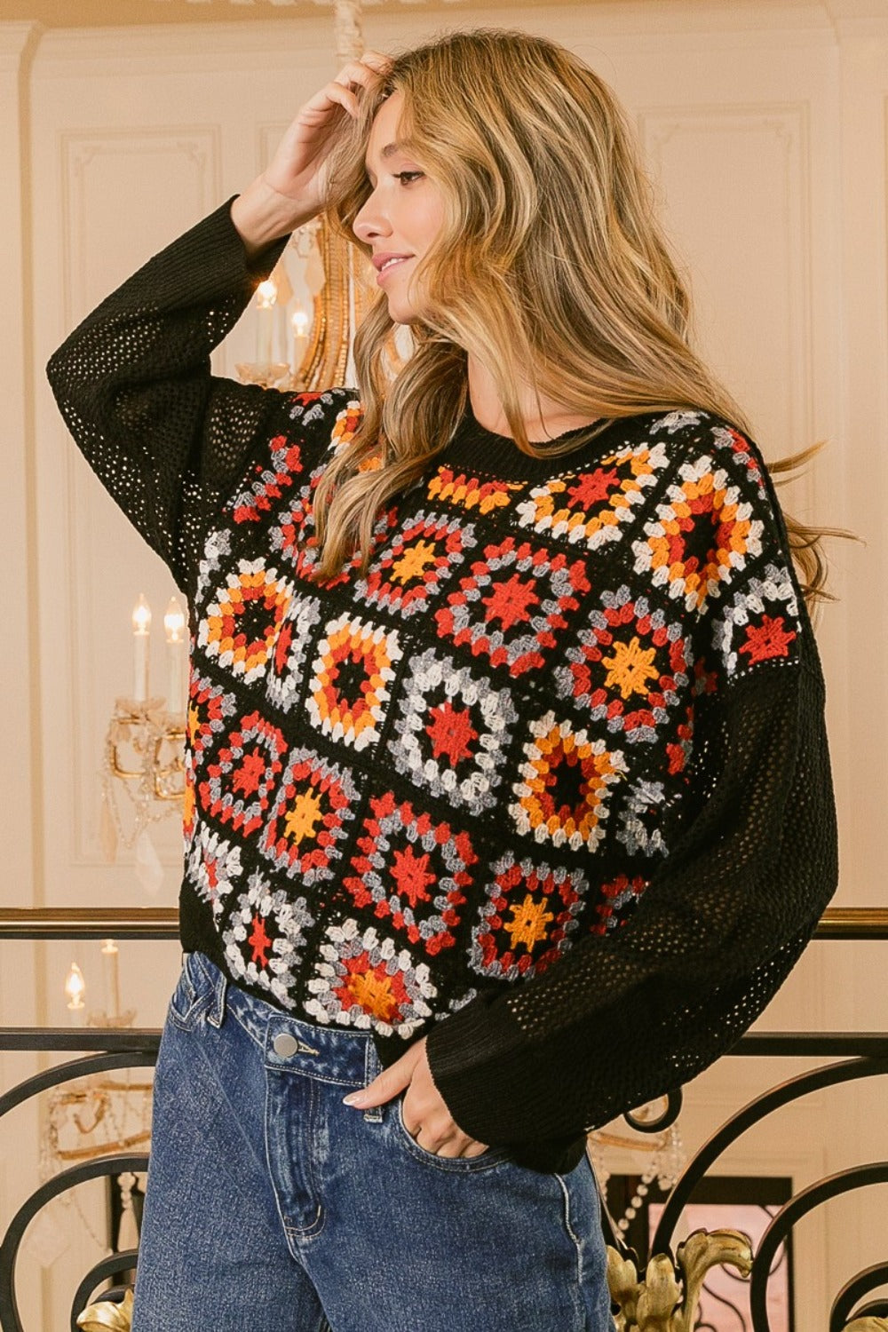 BiBi Granny Square Front Long Sleeve Top - NeoKira Unlimited