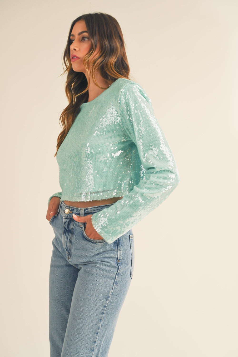 MABLE Shoulder Padded Sequin Crop Top - NeoKira Unlimited