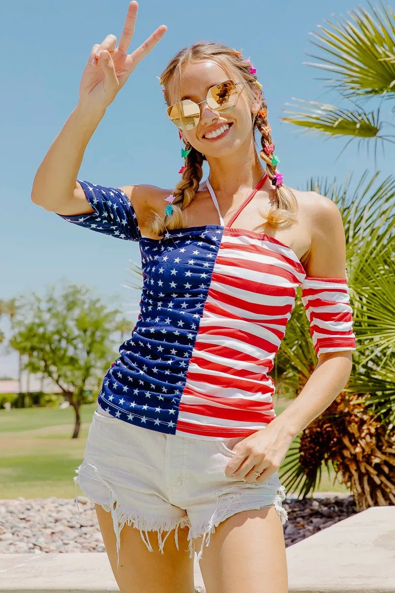 BiBi American Flag Off Shoulder With Front Ruched Top - NeoKira Unlimited