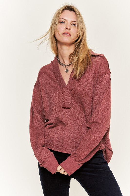 Jade By Jane Deep V-Neck Knit Collared Top | Relaxed Casual Luxe Look - NeoKira Unlimited